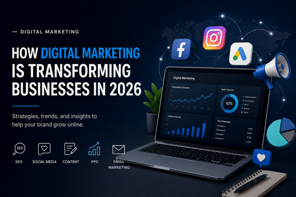 Digital marketing concept showing laptop with analytics dashboard, social media icons, SEO, PPC, and online marketing strategies for business growth in 2026