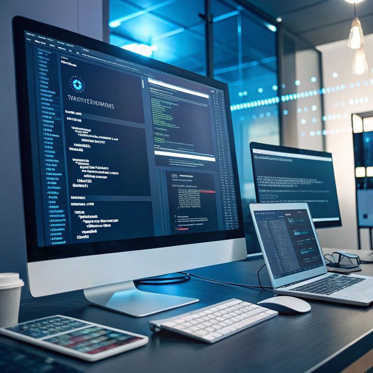 Modern workspace with desktop and laptop displaying coding interface and web development dashboard, representing software development and digital technology