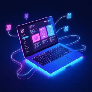 Laptop displaying a WordPress dashboard with connected content icons, representing website management, CMS, and digital marketing automation.