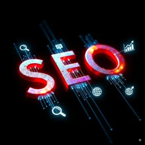 Glowing SEO text with digital icons and data lines on a dark background, representing search engine optimization, website ranking, and online visibility.