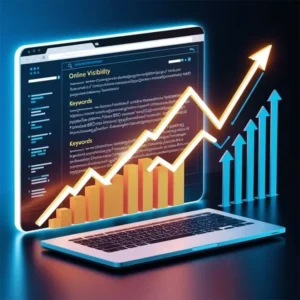Laptop displaying SEO analytics dashboard with rising graph and upward arrow, symbolizing website growth, online visibility, and digital marketing success.