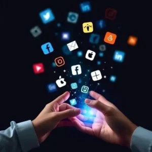 Hands holding a glowing light with floating social media and app icons above, including messaging, video, and networking symbols