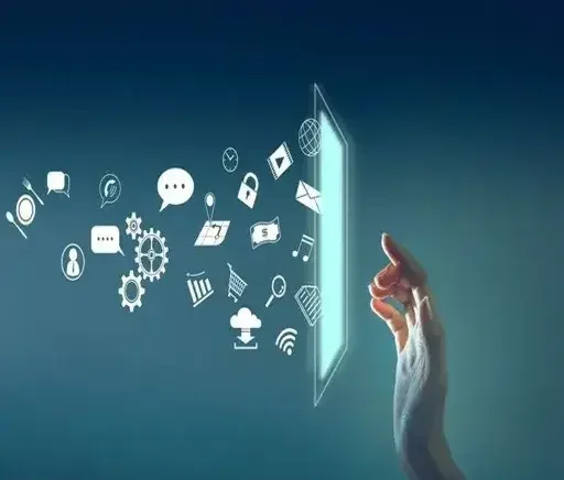 Hand interacting with a glowing virtual screen, with digital icons like chat, cloud, and settings floating around it