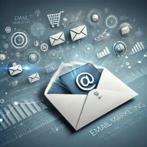 Open envelope with email symbol and digital marketing icons around it, representing email marketing, communication, and online campaigns.